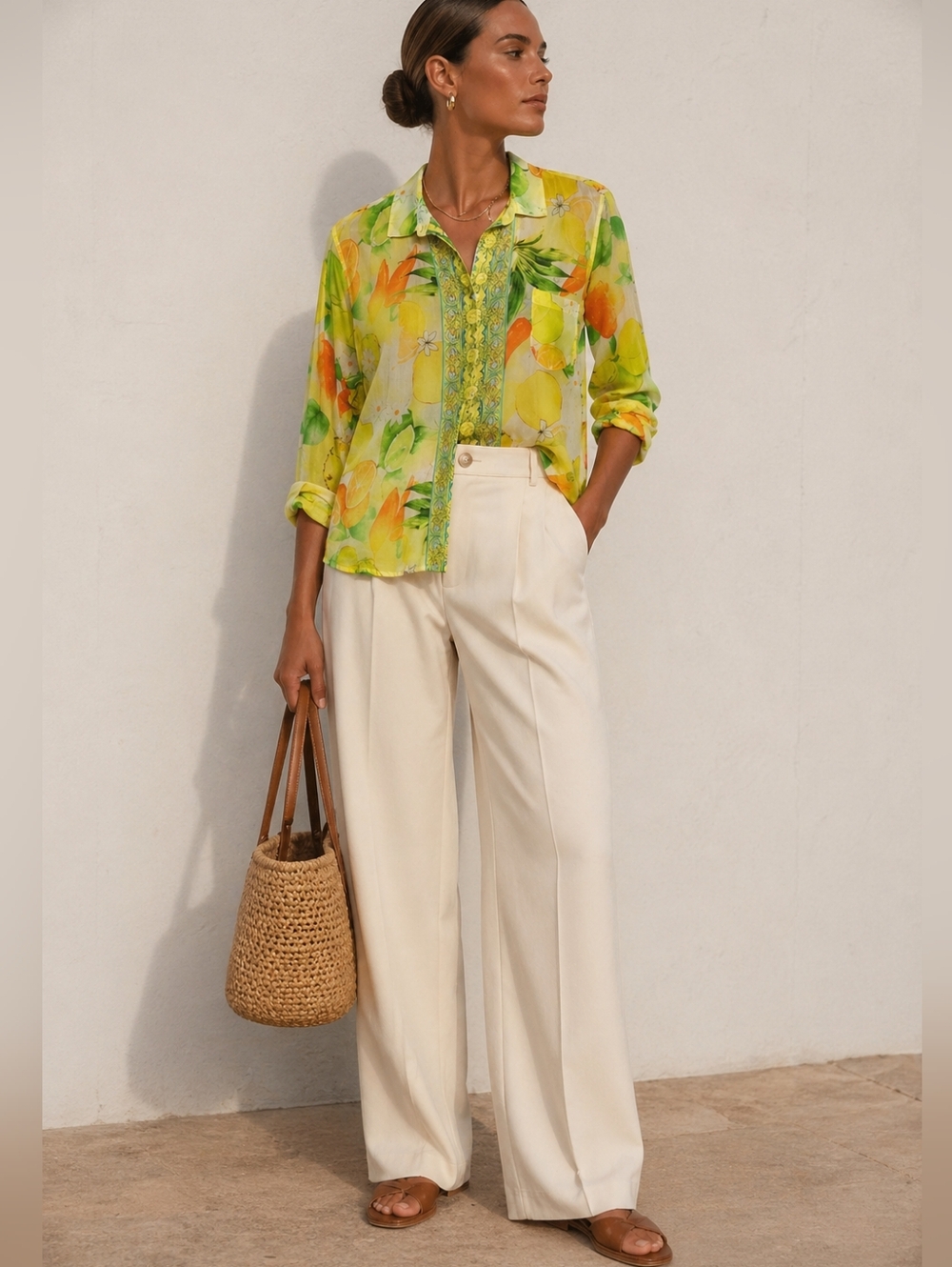 Calypso St Barth Women's Blouse Tropical Lemon Pineapple Lightweight Large Beach